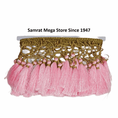 Tassel Lace Trim with Gold Border – Baby Pink(Approx. 1.25 m)