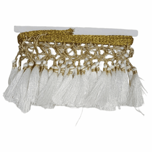 Tassel Lace Trim with Gold Border – White(Approx. 1.25 m)