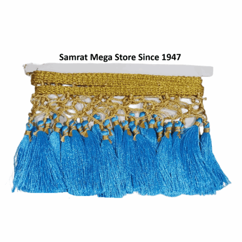 Tassel Lace Trim with Gold Border – Sky Blue(Approx. 1.25 m)