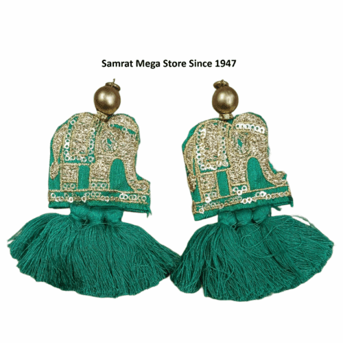 Elephant Embroidery Latkan Pair - 4.5" Green (18g)