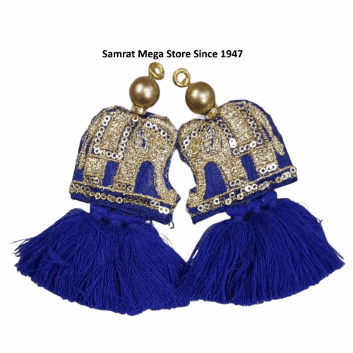 Elephant Embroidery Latkan Pair - 4.5" Navy Blue (18g)