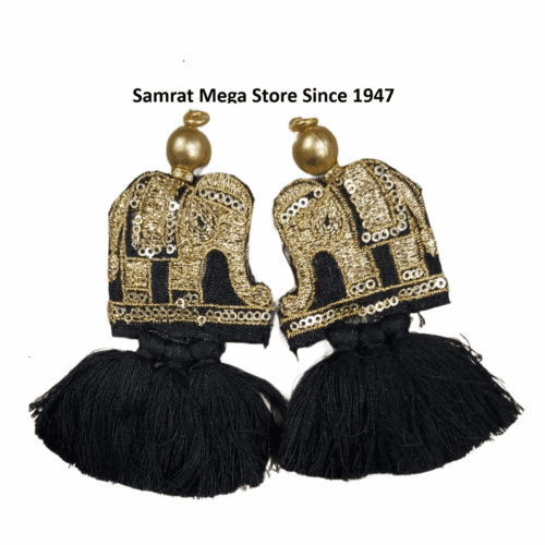 Elephant Embroidery Latkan Pair - 4.5" Black (18g)