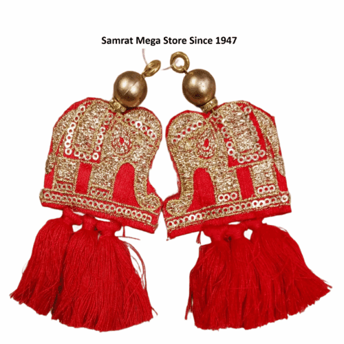 Elephant Embroidery Latkan Pair - 4.5" Red (18g)